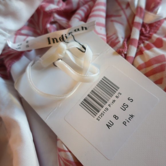 NWT WOMENS INDIKAH ANGEL BIBA PINK WHITE RUFFLED FLORAL V-NECK MINI DRESS S * - Picture 10 of 10